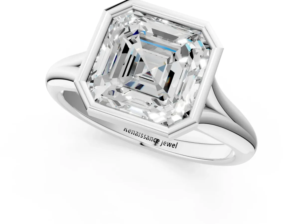 Bezel Set Asscher Cut Solitaire Diamond Ring with Smooth Band Platinum
