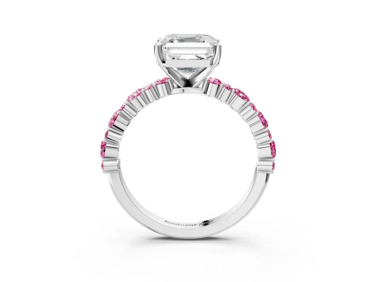 Asscher Cut Diamond Side Stone Solitaire Ring with Round Pink Sapphire and Four-Prong Setting Silver
