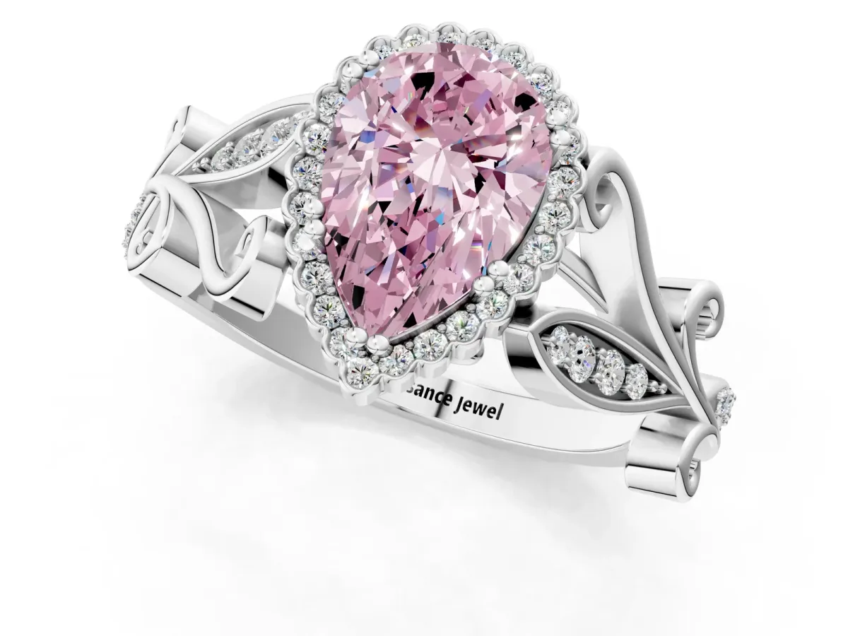 Fancy Pink Pear Cut Diamond Halo Ring with Vintage Split Shank and Four-Prong Setting Platinum