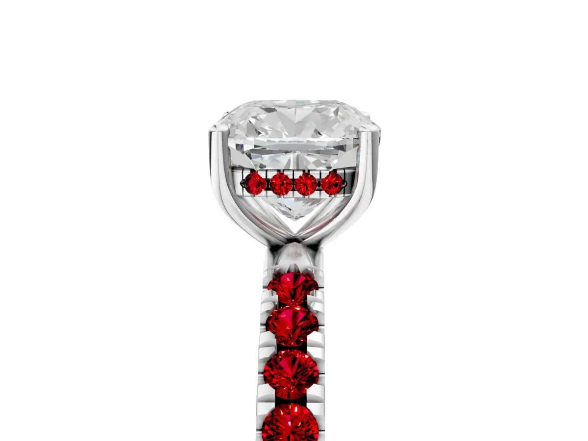 Cushion Cut Diamond Pave Band Solitaire Ring with Round Ruby and Prong Setting White gold