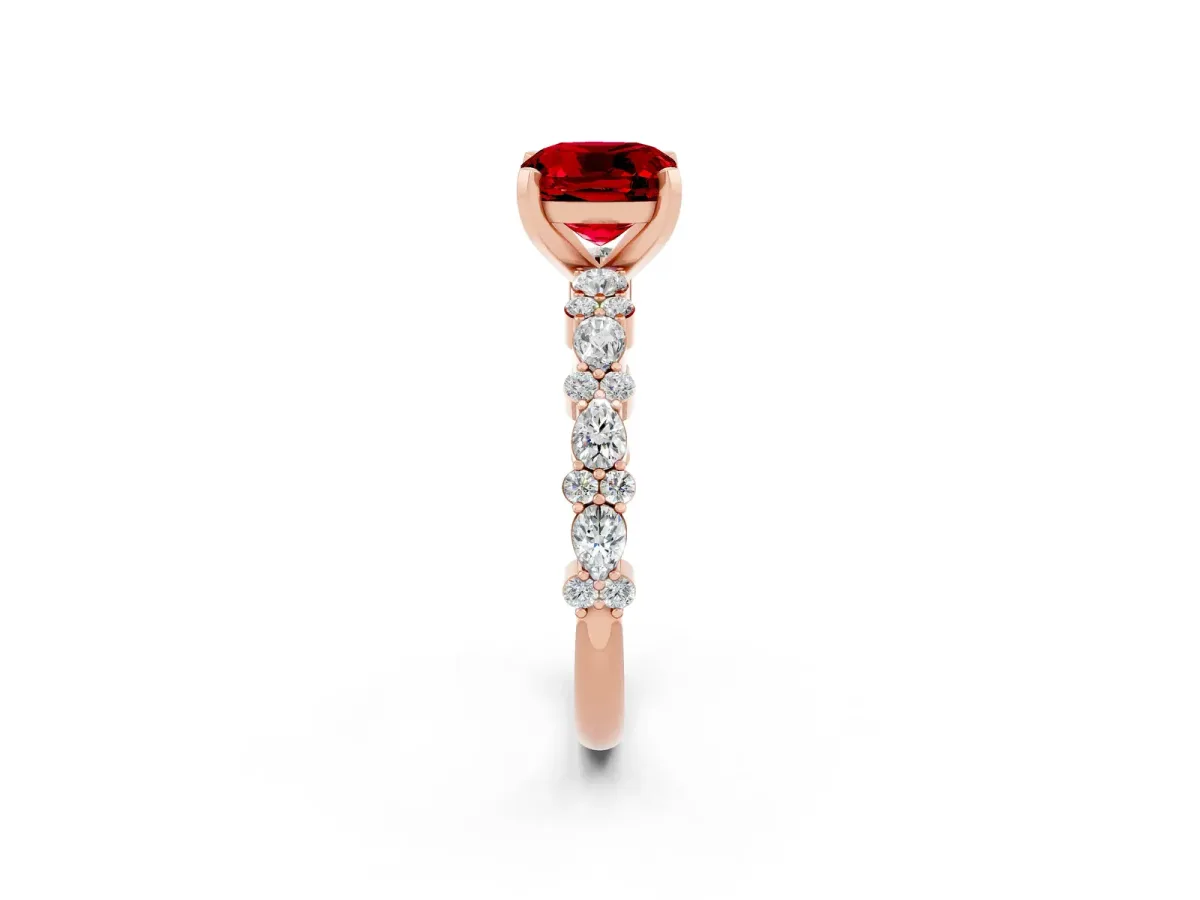 Cushion Cut Ruby Side Stone Solitaire Ring with Round and Four-Prong Setting Rose gold