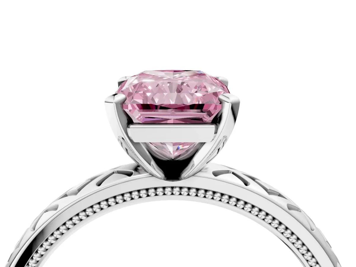 Fancy Pink Radiant Cut Solitaire Diamond Ring with Milgrain and Black Enamel X Pattern Band Platinum