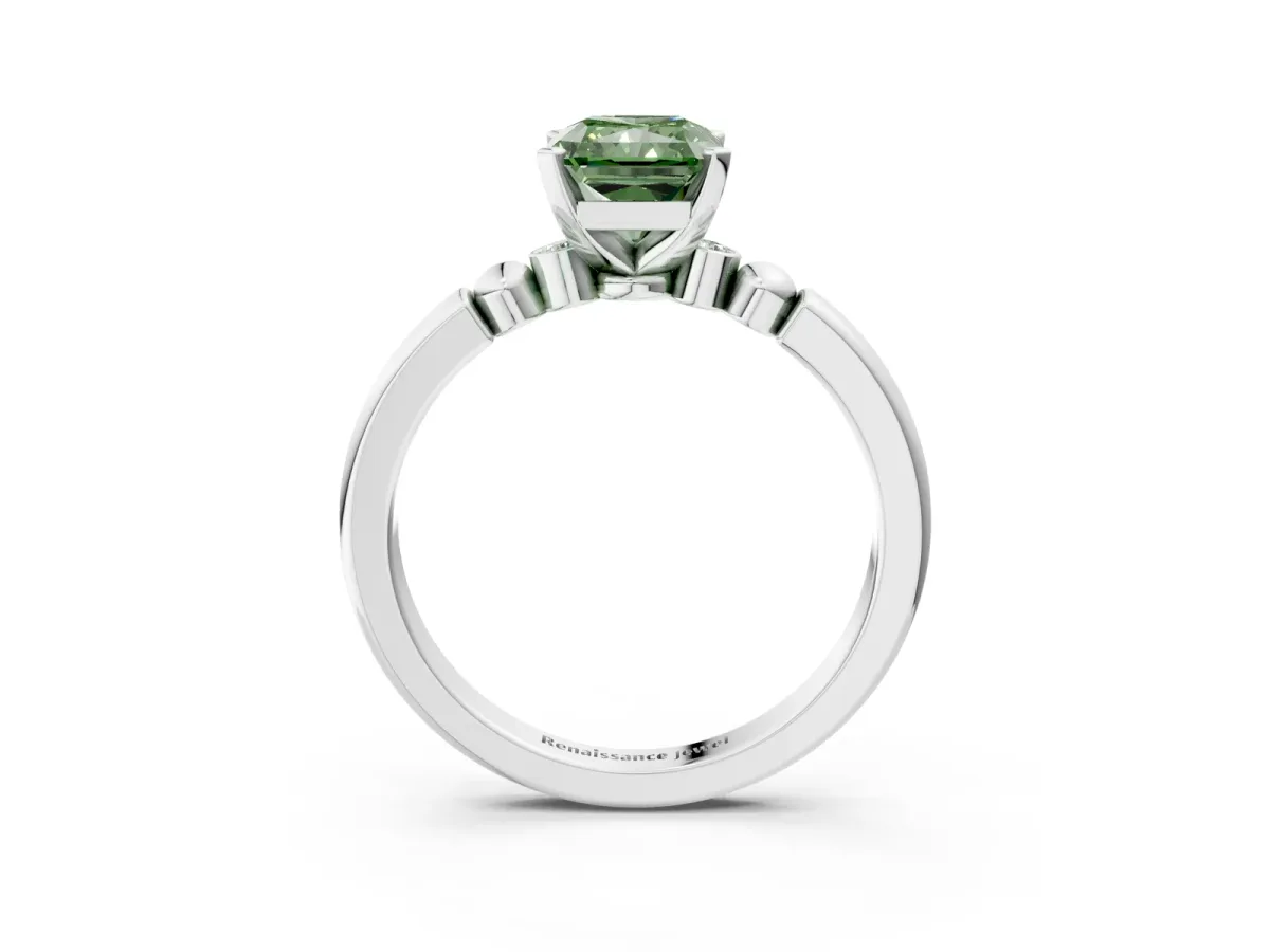 Fancy Green Radiant Cut Solitaire Beaded Band with Four-Prong Setting Platinum