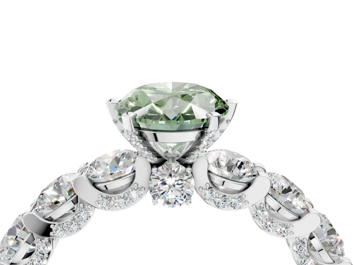 Fancy Green Oval Cut Diamond Side Stone Engagement Ring with Four-Prong Setting White gold