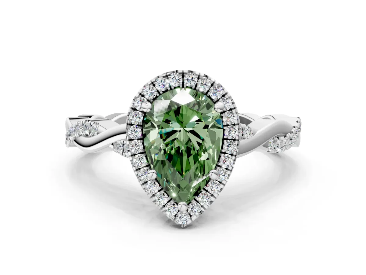 Fancy Green Pear Cut Cut Halo Twisted Band Four-Prong Ring Platinum
