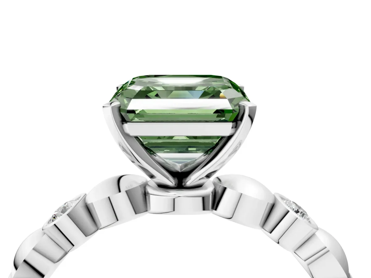 Fancy Green Asscher Cut Solitaire Bezel-Set Diamond Ring with Beaded Band and Four-Prong Setting Platinum