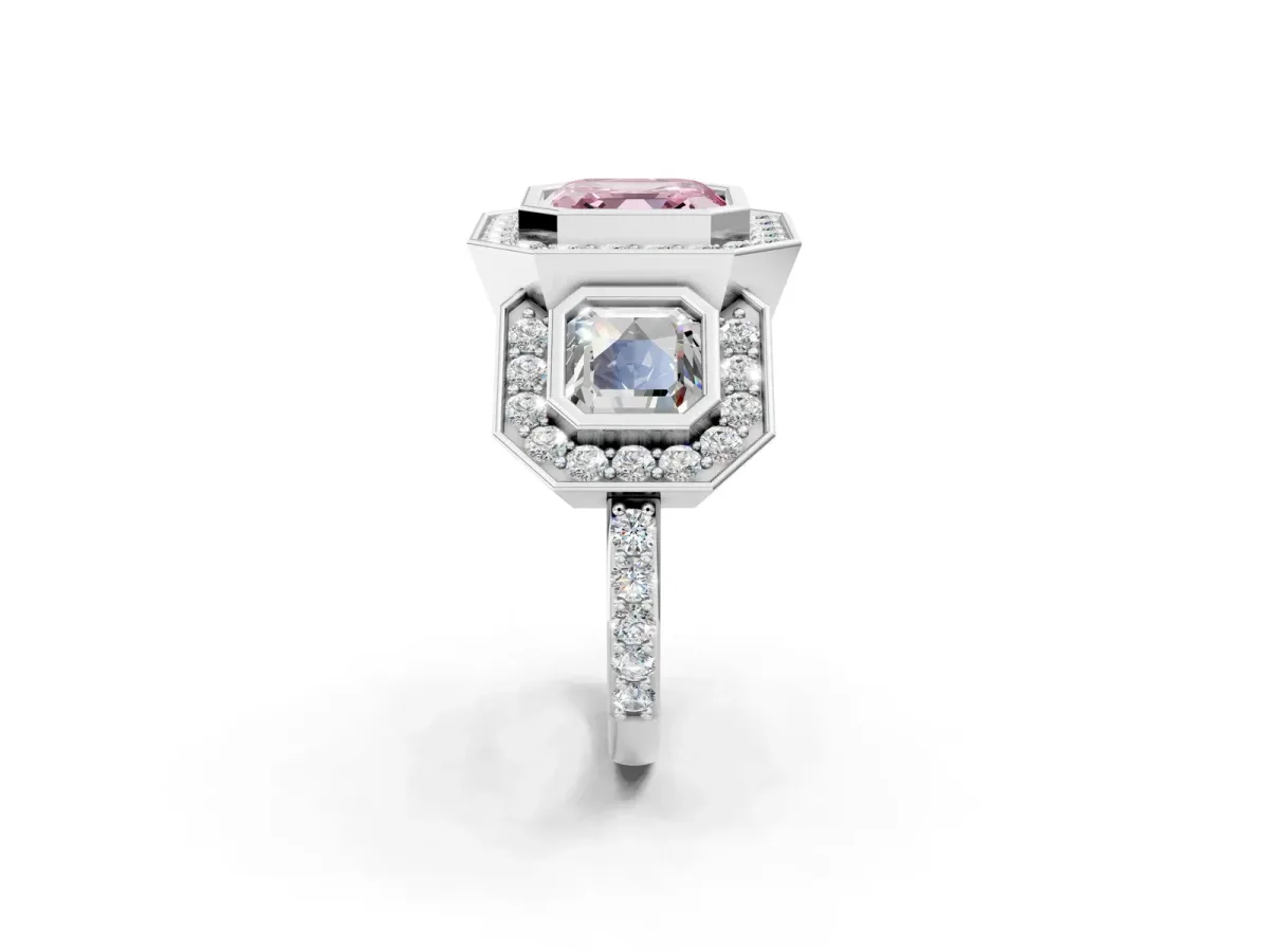 Fancy Pink Three-Stone Asscher Cut Halo Pavé Diamond Ring Platinum