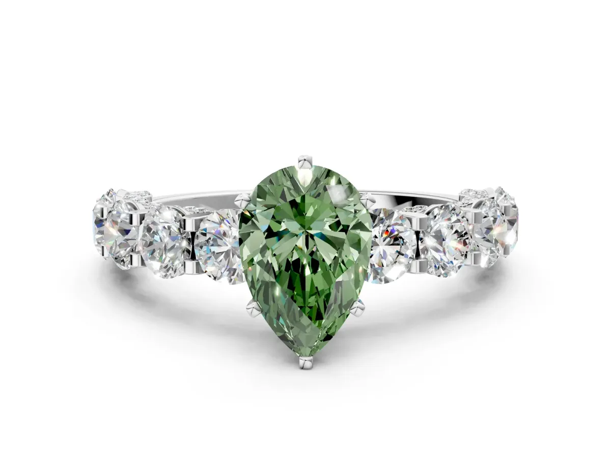 Fancy Green Pear Cut Diamond Side Stone Engagement Ring with Four-Prong Setting White gold