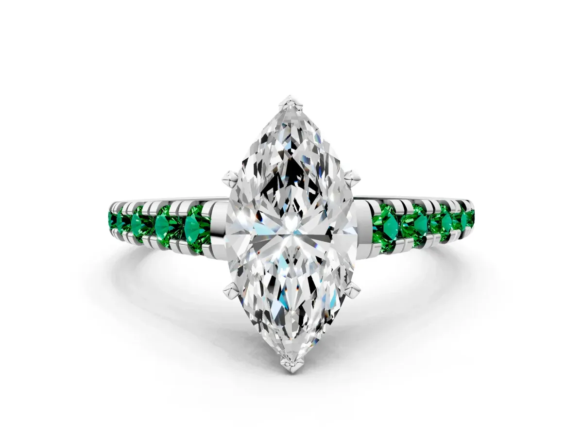 Marquise Cut Diamond Cathedral Solitaire Ring with Round Emerald Pavé Band Silver