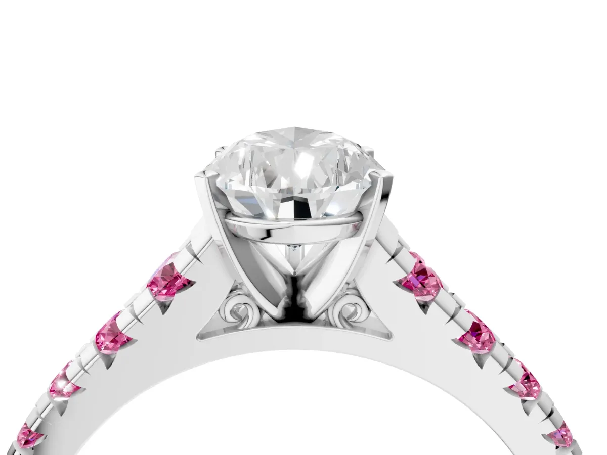 Pear Cut Diamond Cathedral Solitaire Ring with Round Pink Sapphire Pavé Band Silver