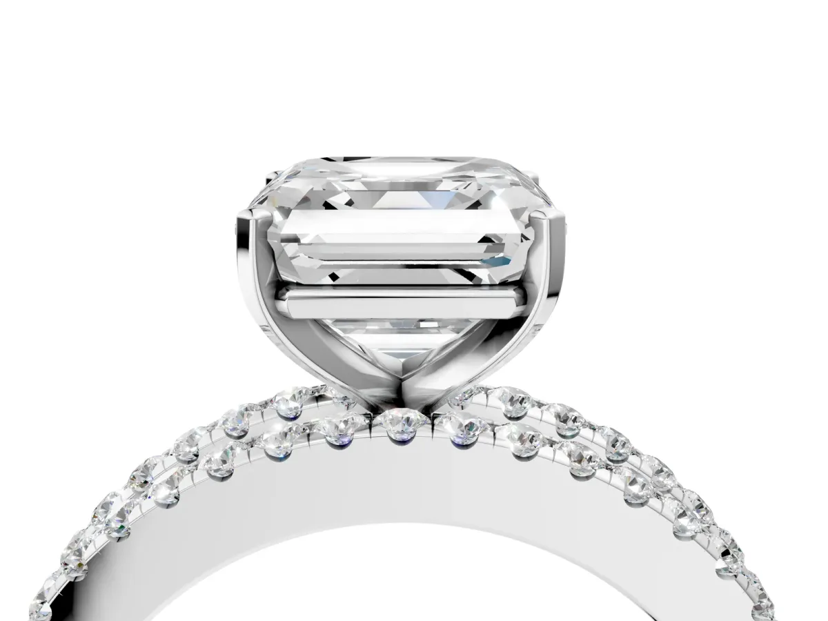 Asscher Cut Diamond Solitaire Ring with Pavé and Channel Set Band Platinum