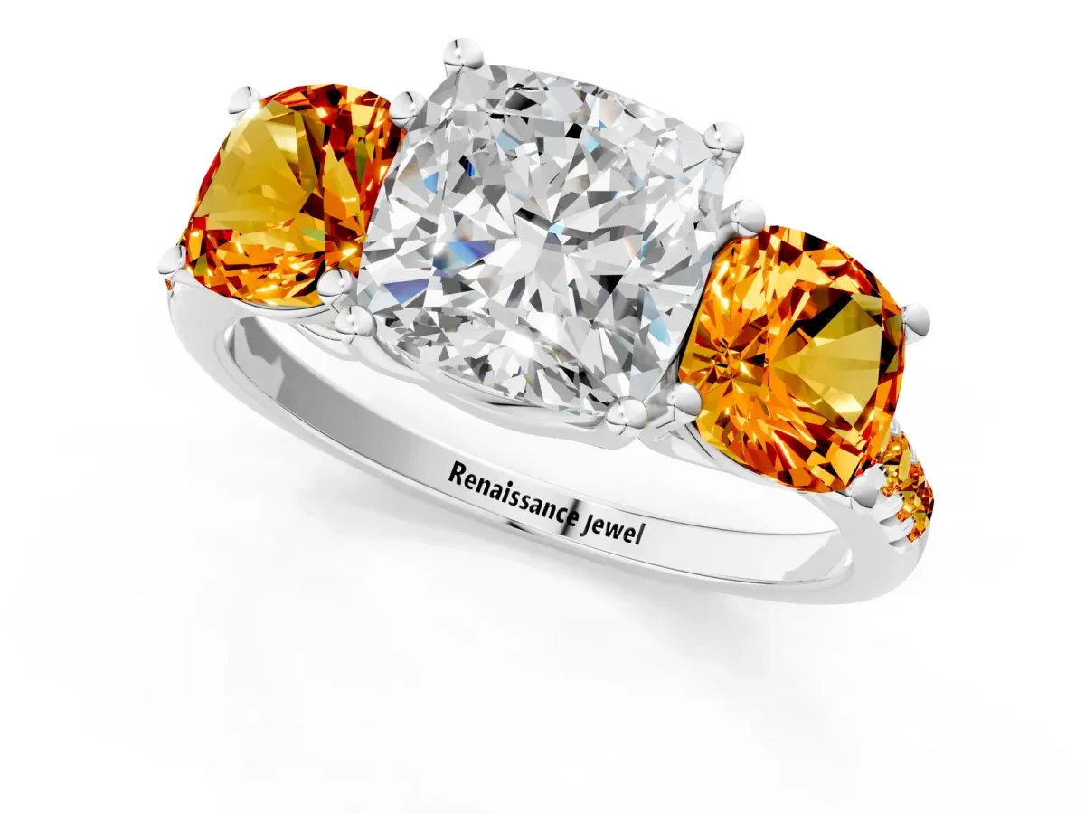 Three-Stone Cushion Cut Diamond Ring with Round Citrine Pavé Band and Prong Setting Silver