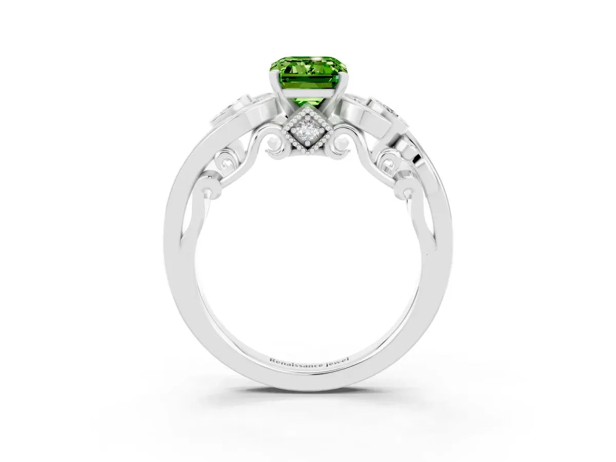 Emerald Cut Peridot Solitaire Ring with Milgrain Pavé Band and Four-Prong Setting Silver