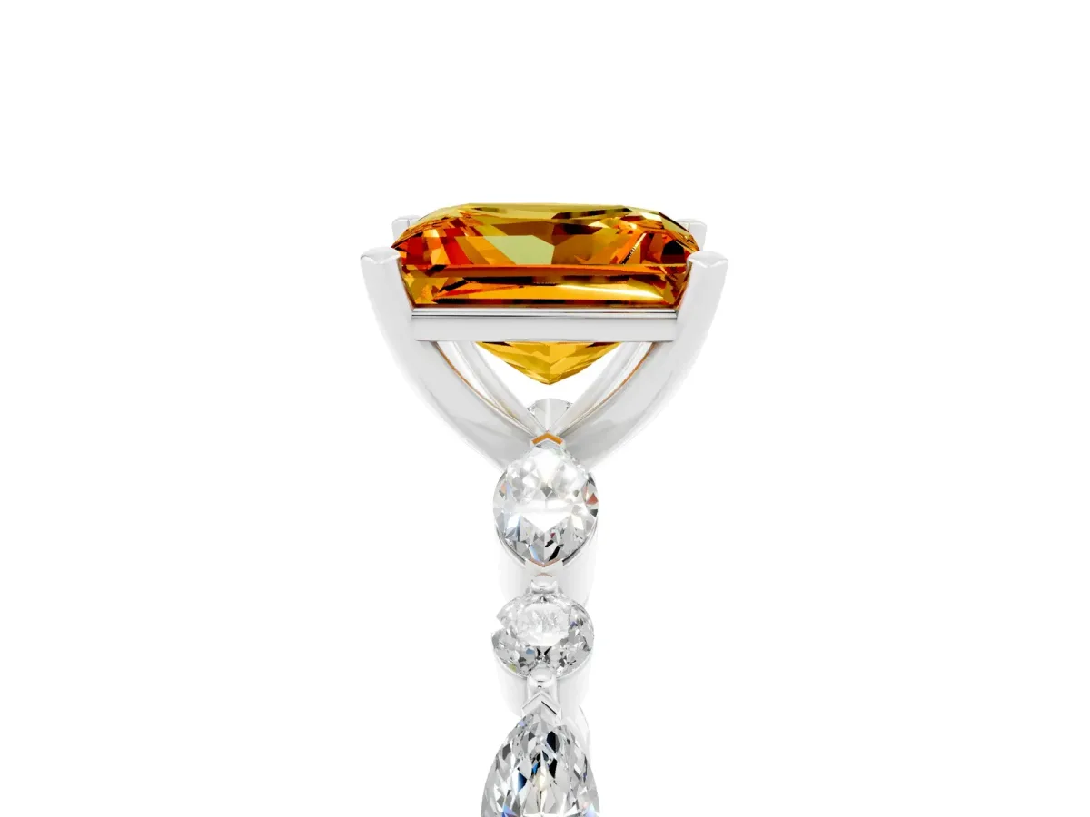 Princess Cut Citrine Ring with Marquise and Round Side Stones and Four-Prong Setting Silver