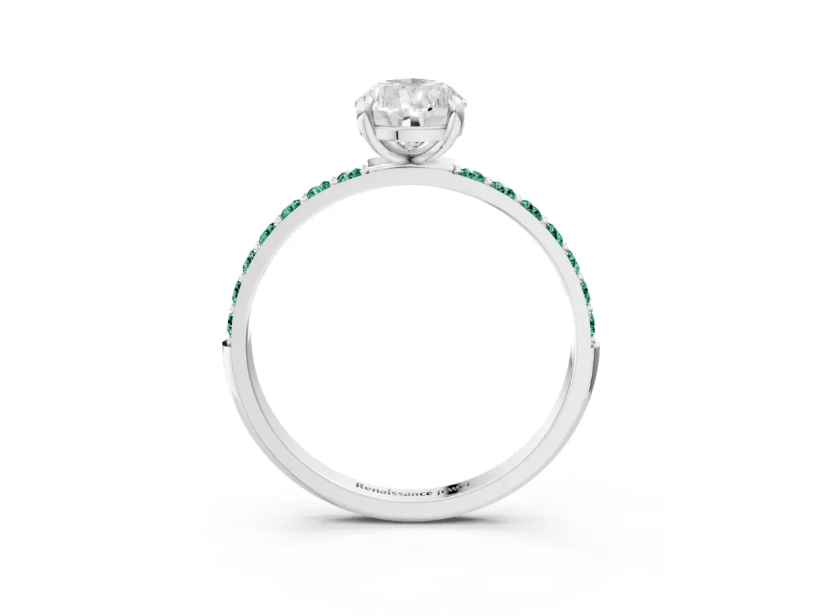 Pear Cut Diamond Solitaire Ring with Round Green Sapphire Pavé Band and Prong Setting Silver