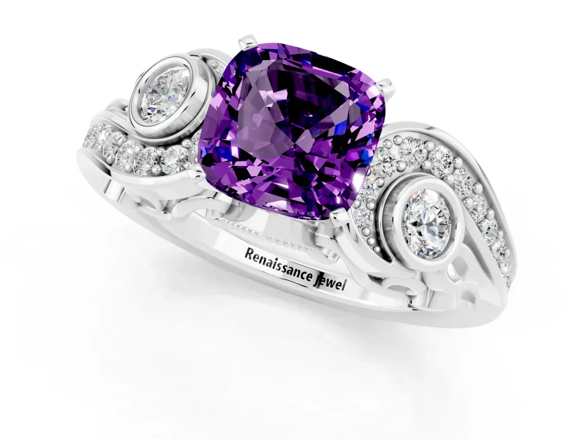 Cushion Cut Amethyst Solitaire Ring with Milgrain Pavé Band and Four-Prong Setting Silver