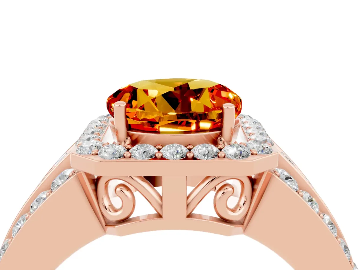 Round Cut Halo Citrine Ring with Round Split Shank and Prong Setting Rose gold