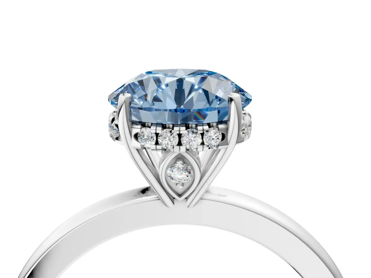 Fancy Blue Round Cut Solitaire Diamond Ring with Prong Setting and Plain Band Platinum