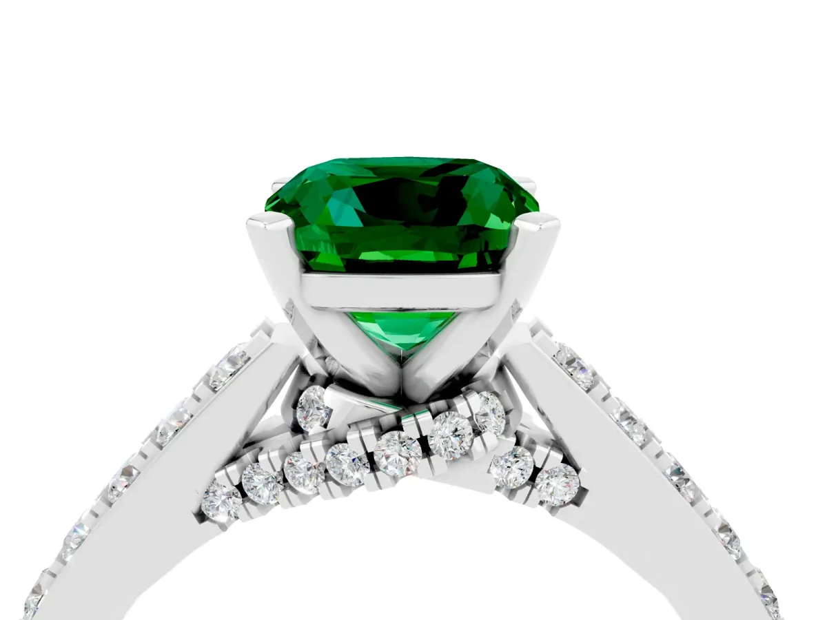 Cushion Cut Emerald Solitaire Ring with Crossover Gallery and Round Pavé Band Silver