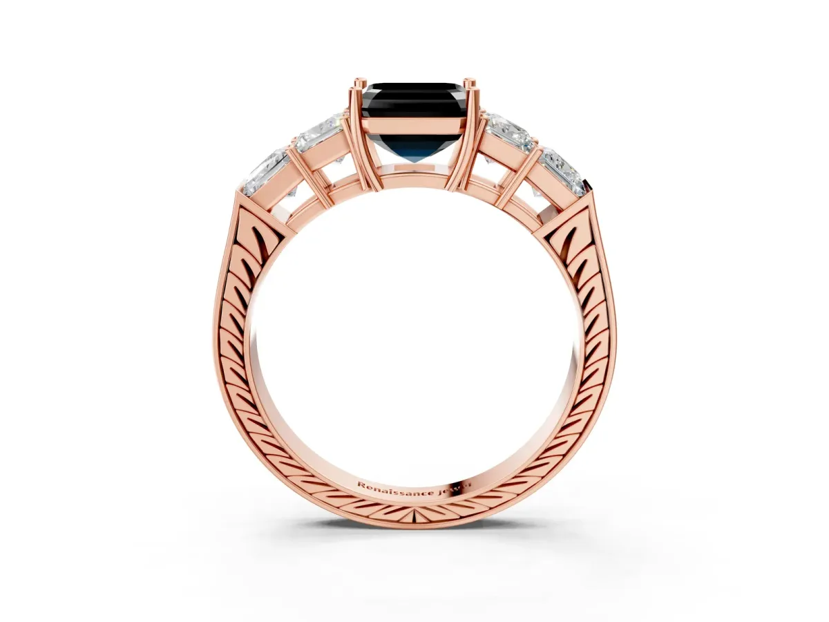 Fancy Black Asscher Cut Solitaire Princess Side Stone Engraved Band Prong Setting Ring Rose gold