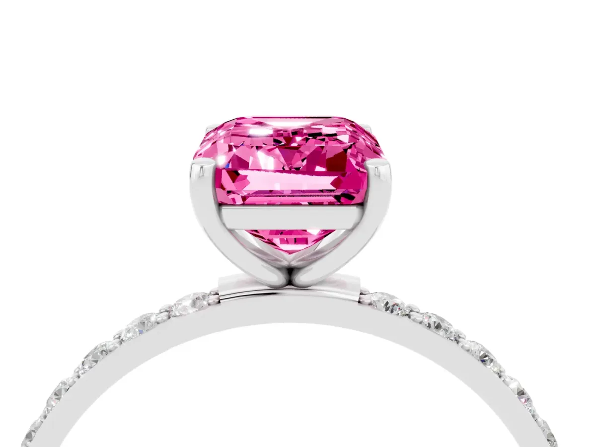 Emerald Cut Pink Sapphire Solitaire Ring with Round Pavé Band and Prong Setting Platinum