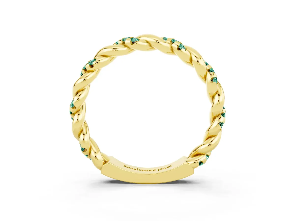 Twisted Pavé Round Green Sapphire Eternity Band Yellow gold