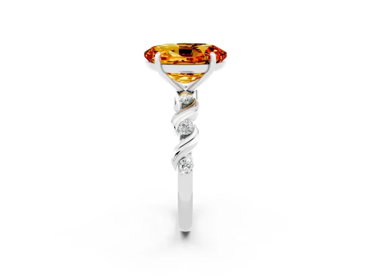 Oval Cut Citrine Solitaire Twisted Band with Round Accents and Prong Setting Silver