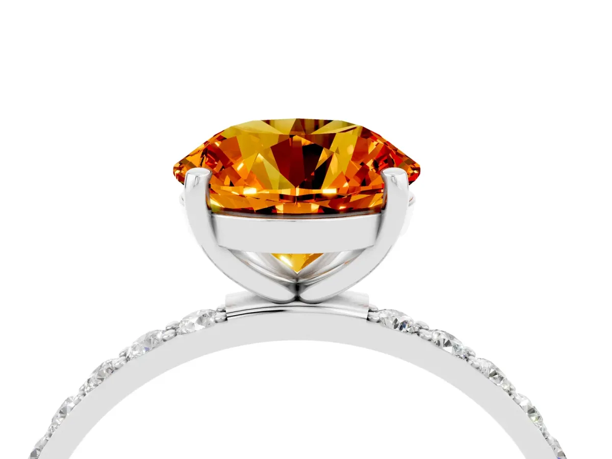 Round Cut Citrine Solitaire Ring with Round Pavé Band and Prong Setting Silver