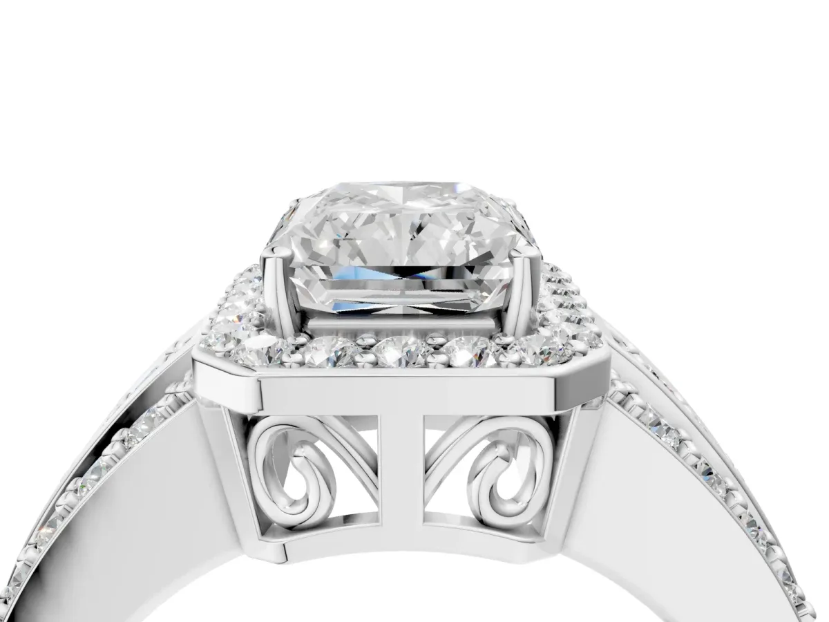 Radiant Cut Halo Diamond Ring with Round Split Shank and Prong Setting Platinum