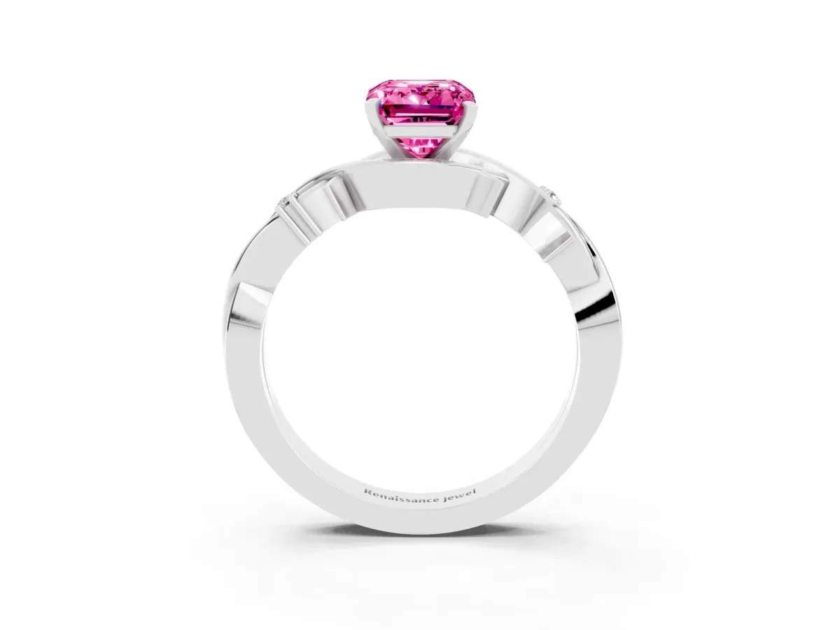 Emerald Cut Pink Sapphire Solitaire Ring with Twisted Band and Prong Setting Platinum