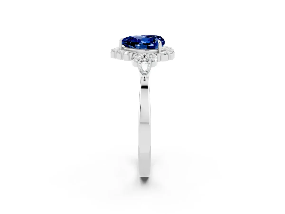 Heart Cut Blue Sapphire Halo Ring with Pear Side Stones and Prong Setting Silver