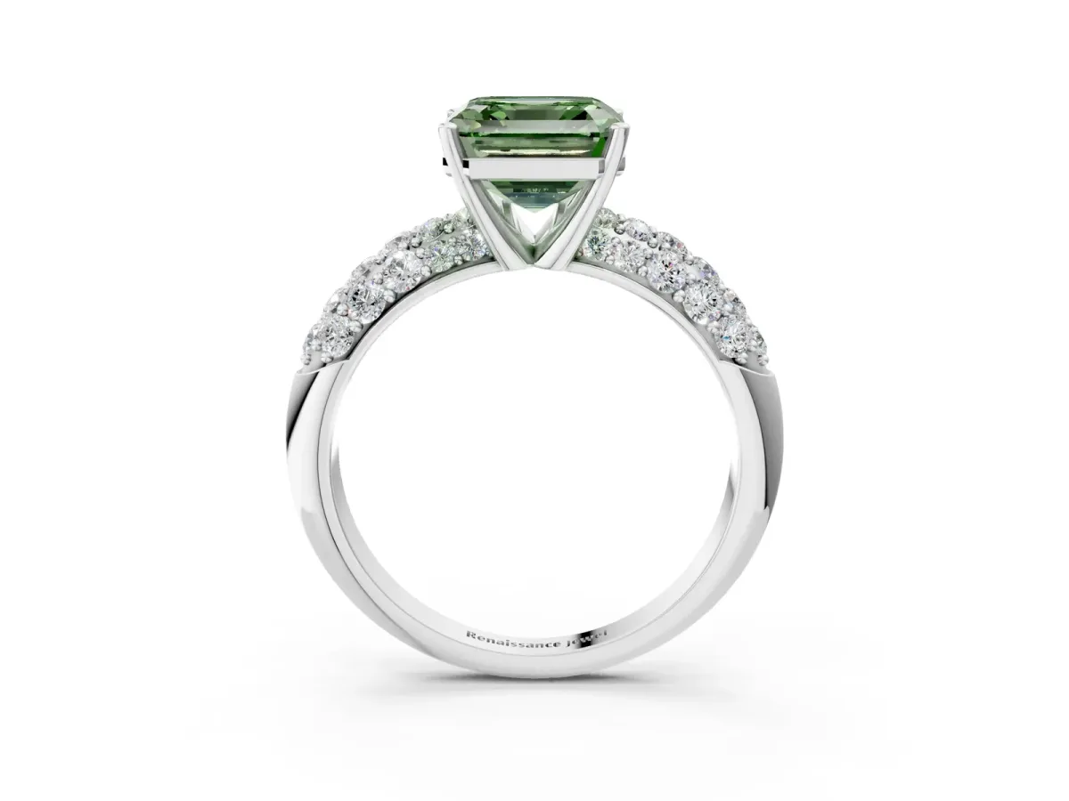 Fancy Green Asscher Cut Diamond Pavé Band Solitaire Ring with Four-Prong Setting Platinum