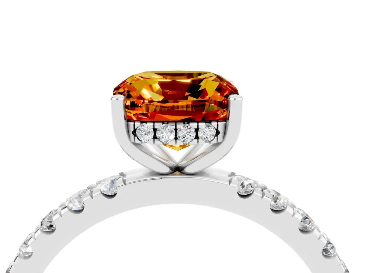 Cushion Cut Citrine Pave Band Solitaire Ring with Round and Prong Setting Platinum