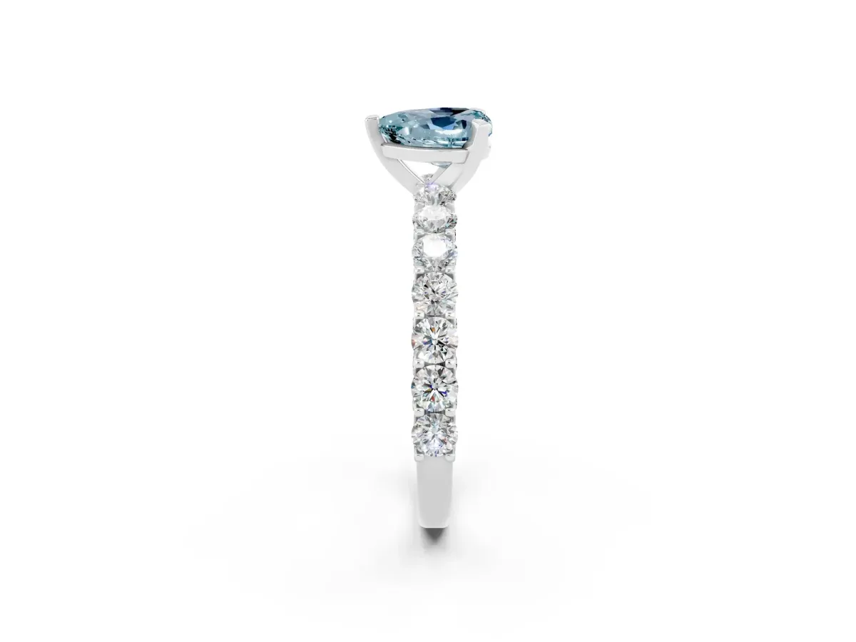 Heart Cut Aquamarine Solitaire Ring with Shared Prong Pavé Band and Four-Prong Setting Silver
