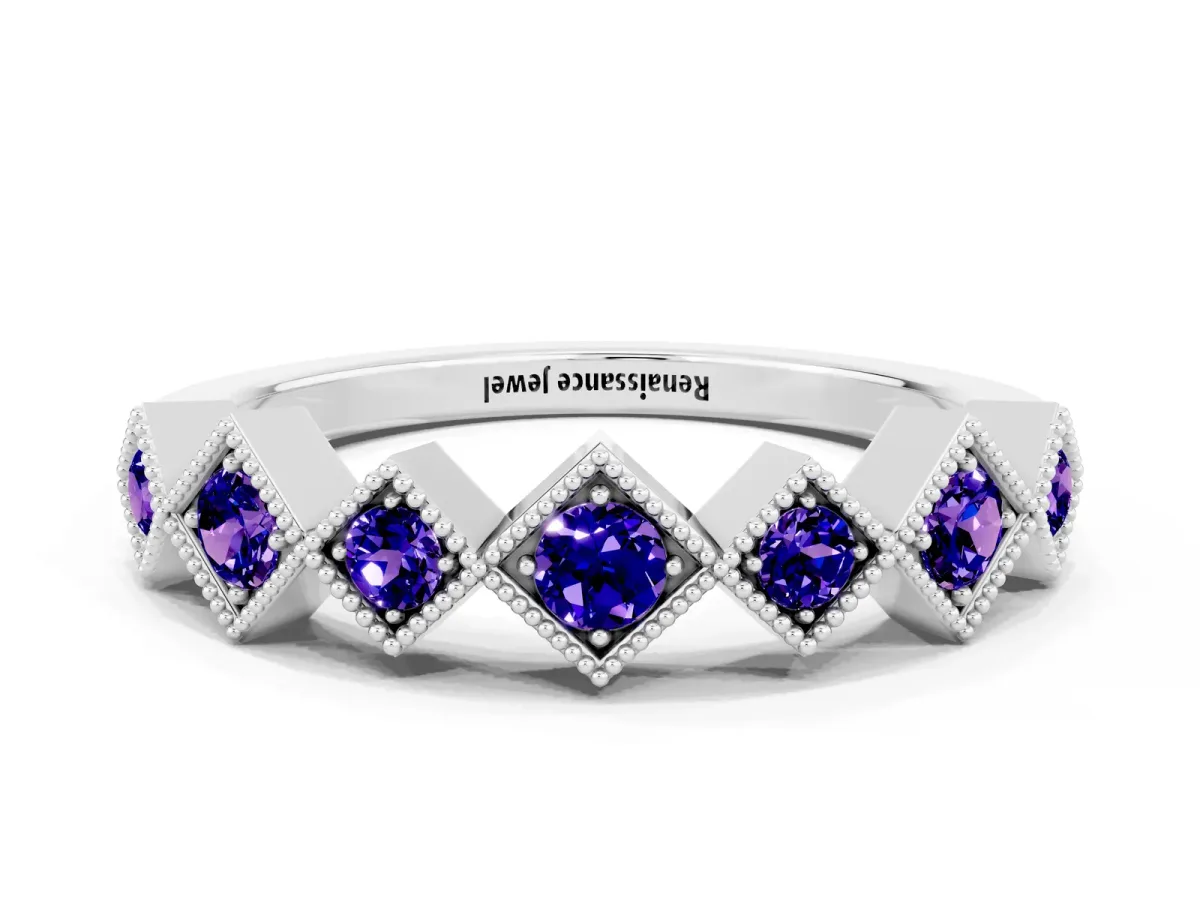 Milgrain Square Bezel Round Tanzanite Chevron Band Silver