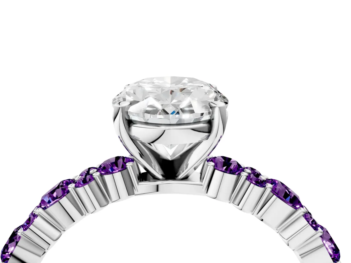 Oval Cut Diamond Side Stone Solitaire Ring with Round Amethyst and Four-Prong Setting White gold