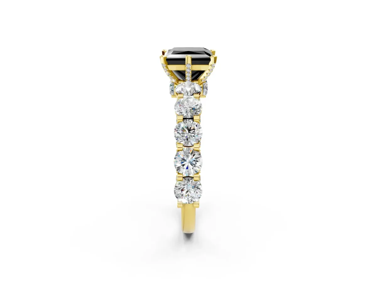 Fancy Black Princess Cut Diamond Side Stone Engagement Ring with Four-Prong Setting Yellow gold