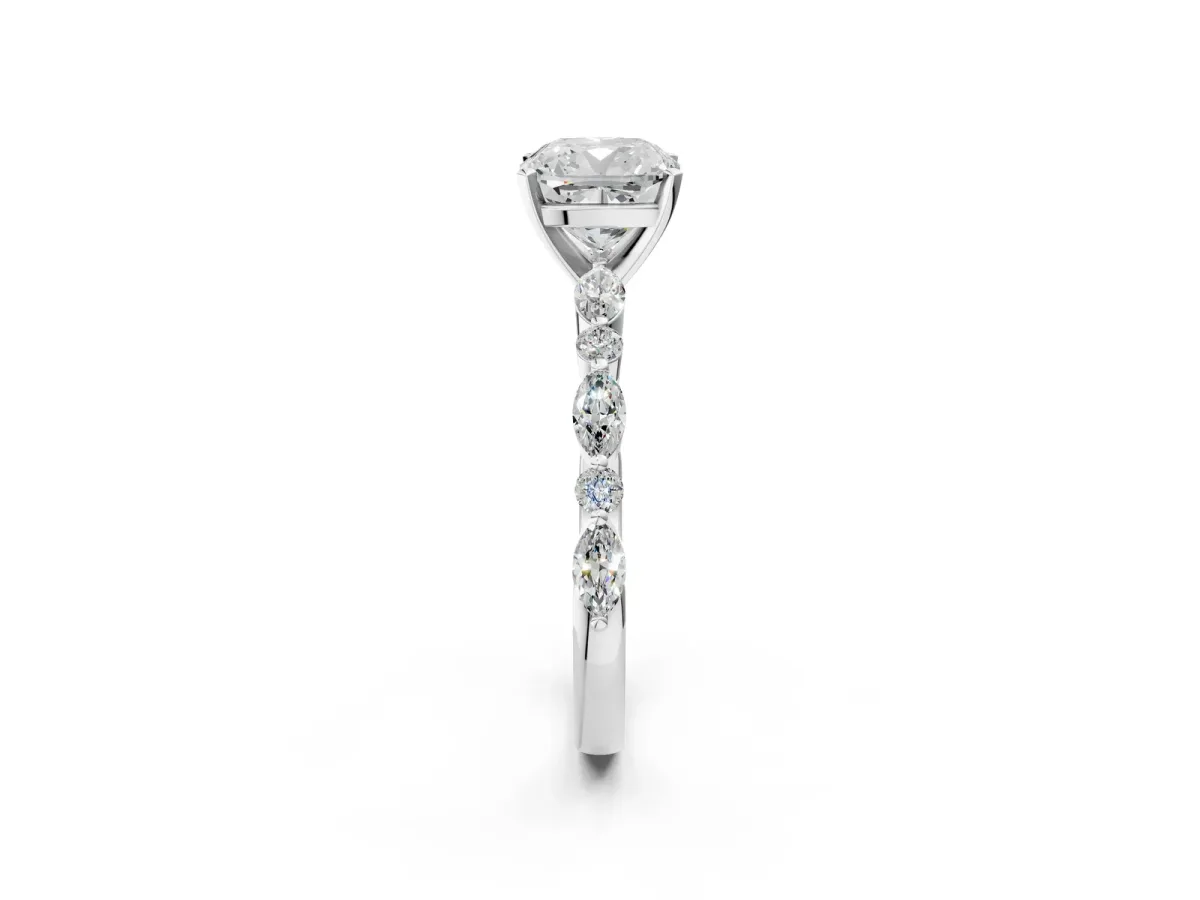 Cushion Cut Diamond Ring with Marquise and Round Side Stones and Four-Prong Setting Silver