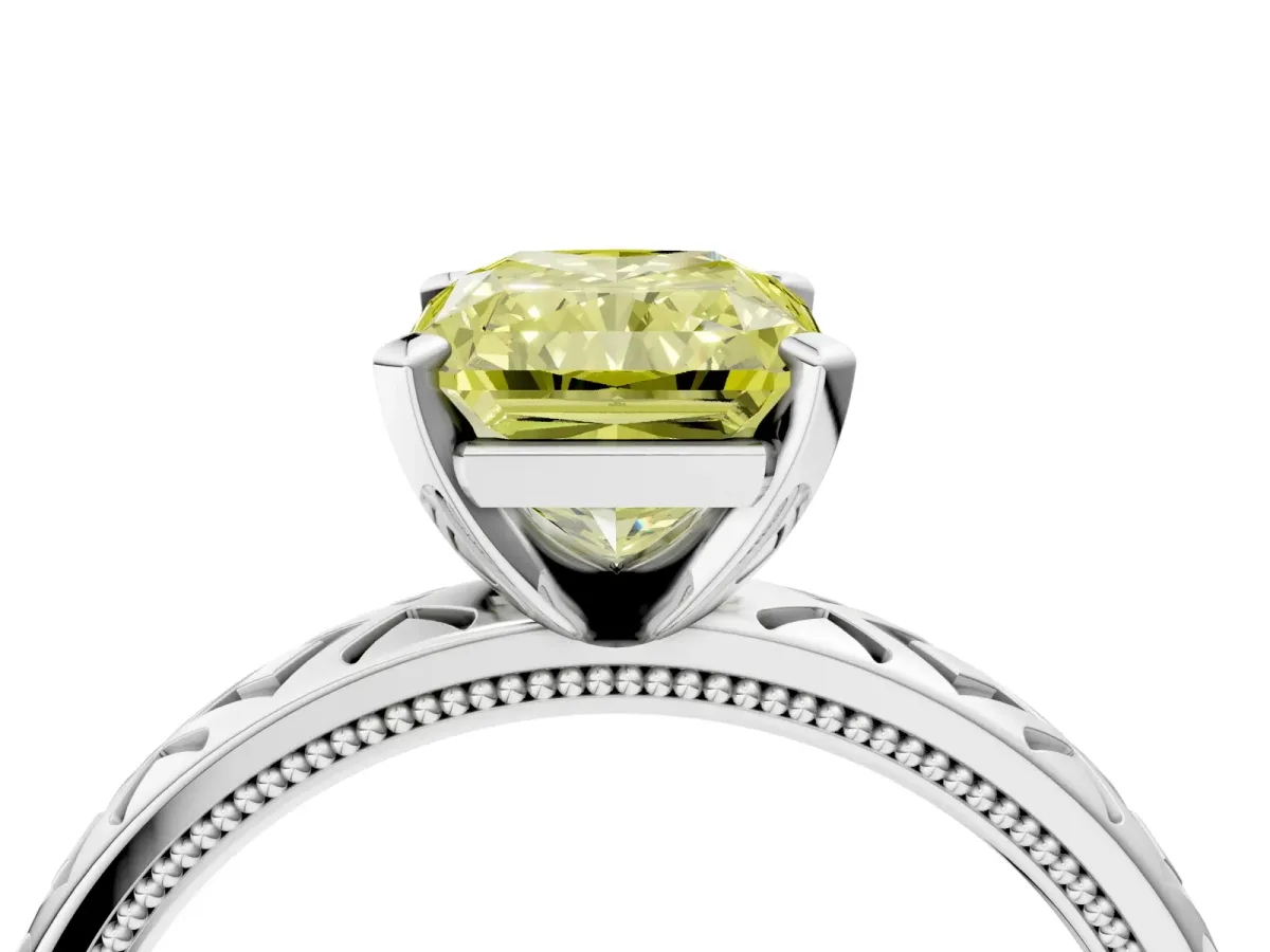 Fancy Yellow Radiant Cut Solitaire Diamond Ring with Milgrain and Black Enamel X Pattern Band Platinum