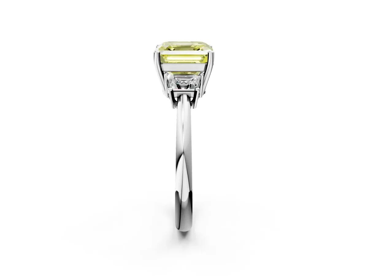 Fancy Yellow Asscher Cut Diamond Three-Stone Ring with Trapezoid Side Stones and Prong Setting Platinum