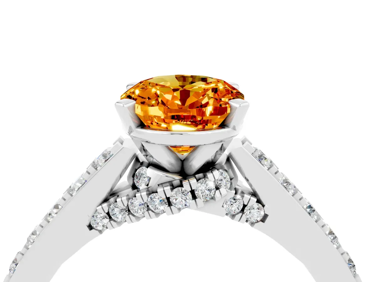 Oval Cut Citrine Solitaire Ring with Crossover Gallery and Round Pavé Band Silver