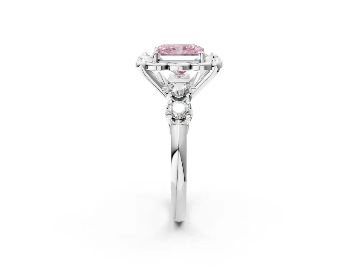 Fancy Pink Radiant Cut Cut Diamond Floral Halo Engagement Ring with Shared Prong Setting Silver