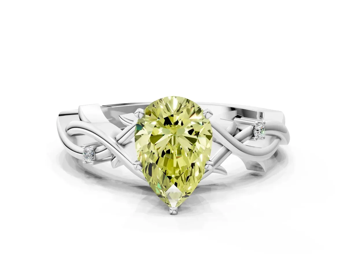 Fancy Yellow Pear Cut Diamond Solitaire Ring with Twisted Band and Prong Setting Silver
