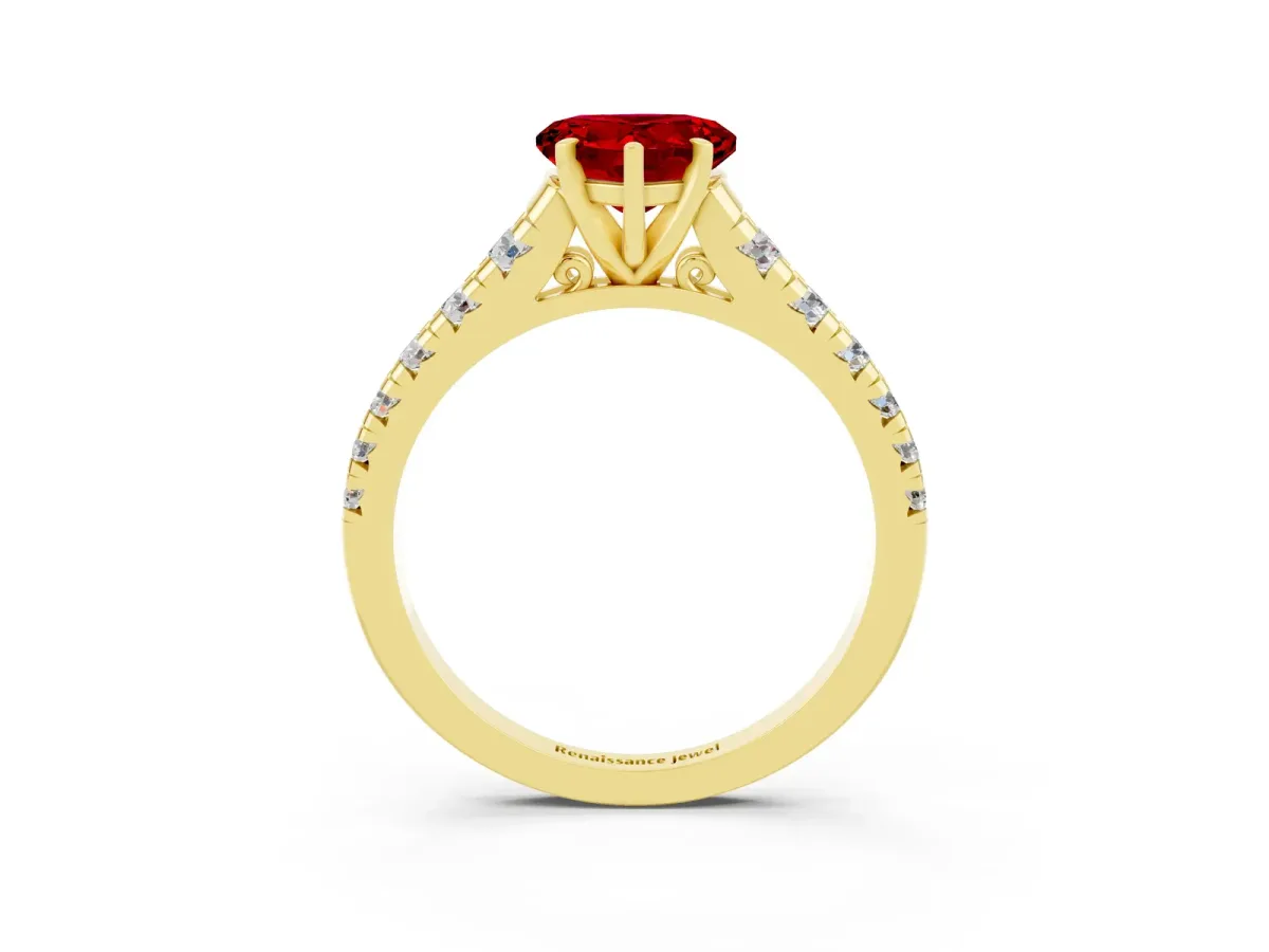 Heart Cut Ruby Cathedral Solitaire Ring with Round Pavé Band Yellow gold