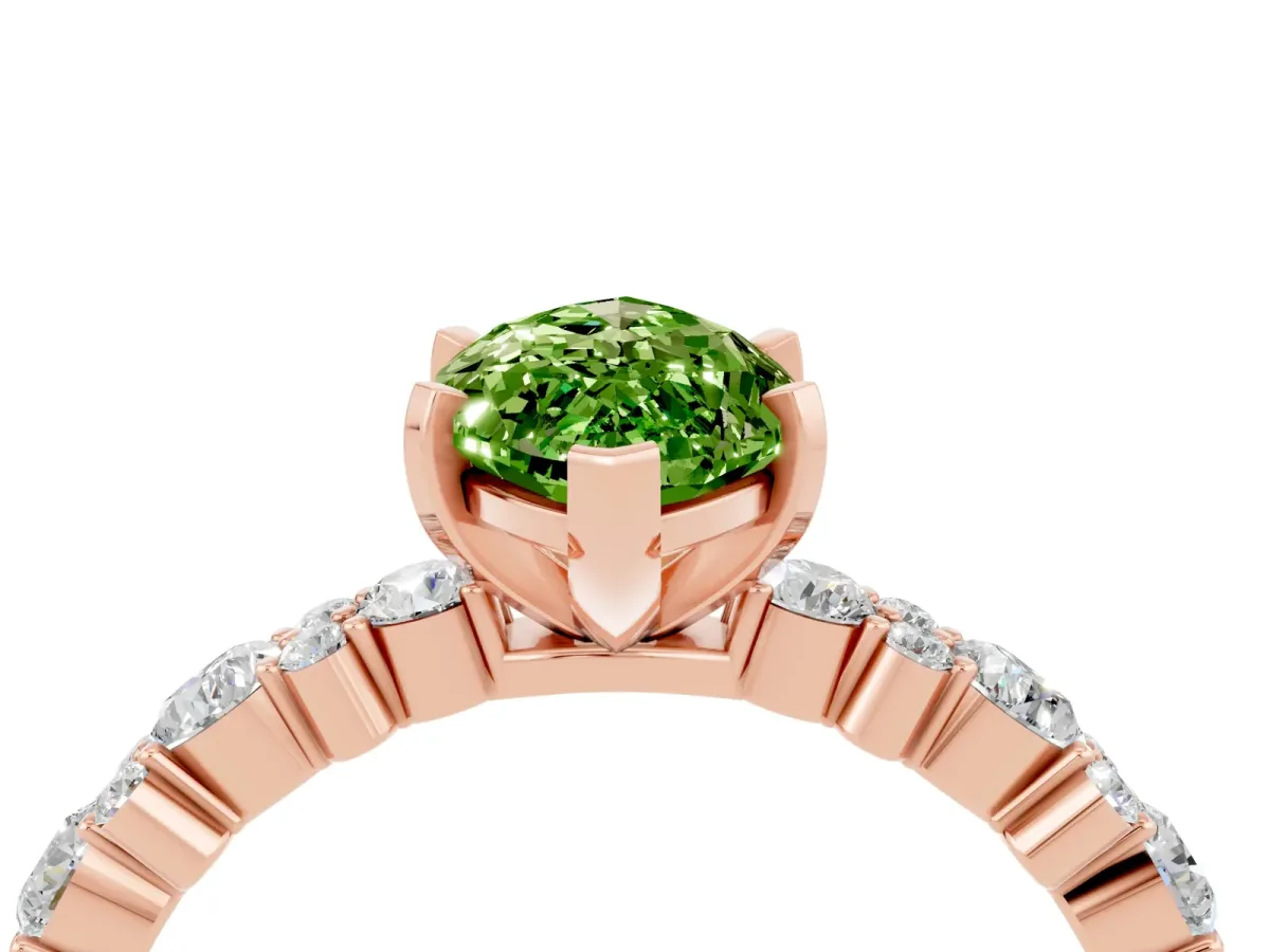 Marquise Cut Peridot Side Stone Solitaire Ring with Round and Four-Prong Setting Rose gold