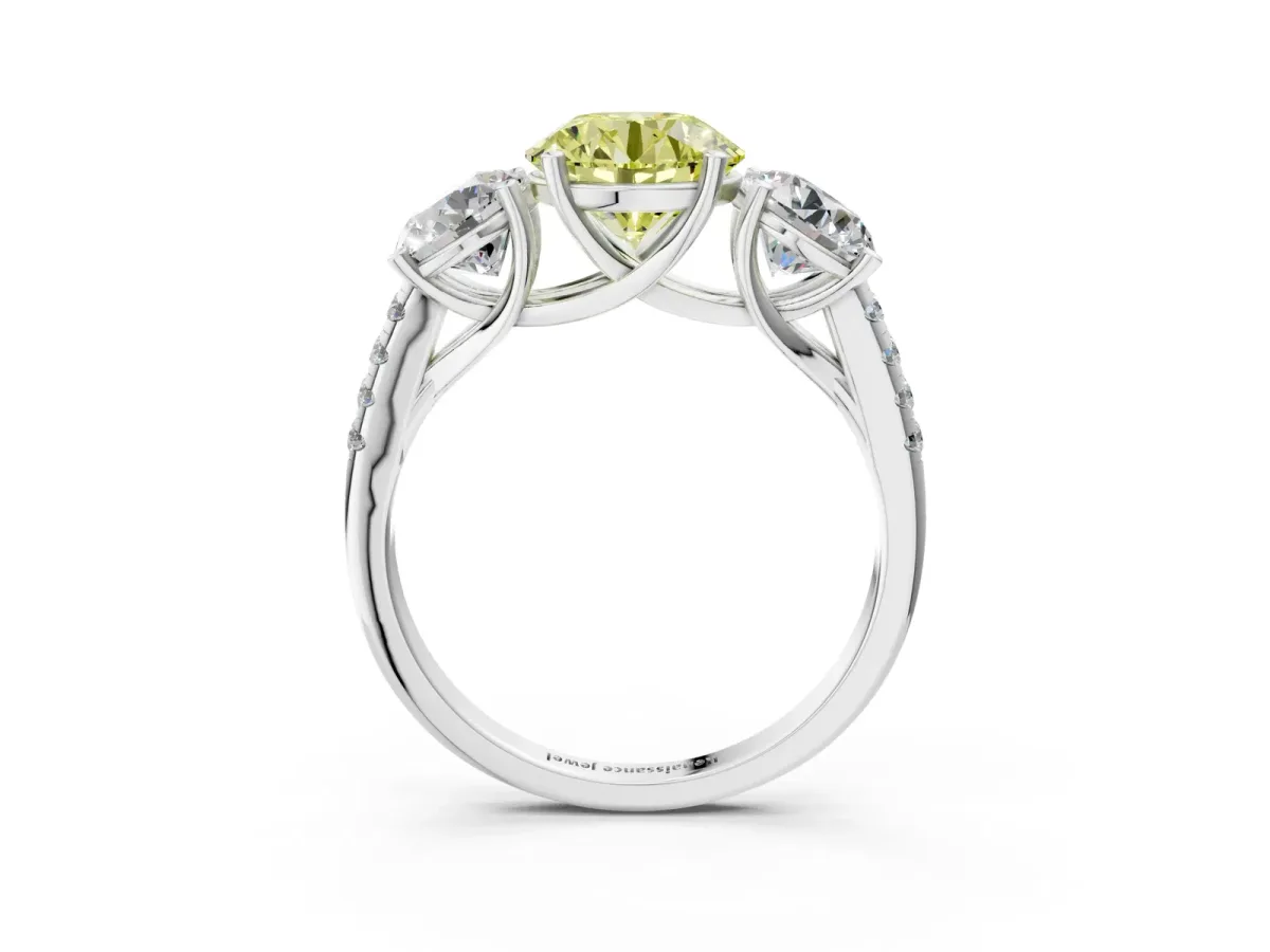 Fancy Yellow Three-Stone Round Cut Diamond Ring with Round Pavé Band and Prong Setting Silver