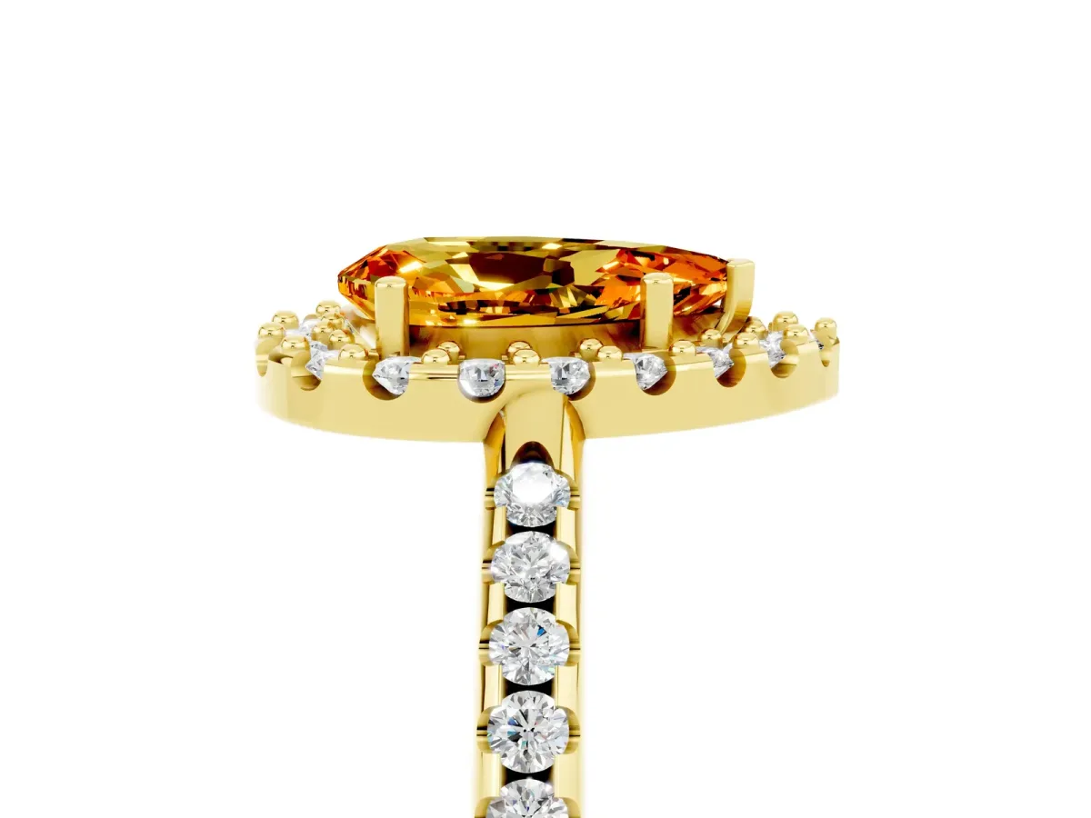 Pear Cut Citrine Pavé Halo Ring with Four-Prong Setting Yellow gold