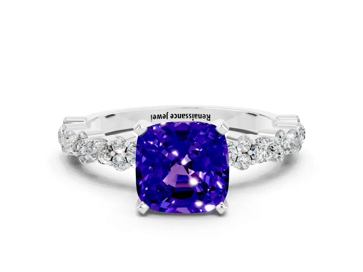 Cushion Cut Tanzanite Side Stone Solitaire Ring with Round and Four-Prong Setting Platinum