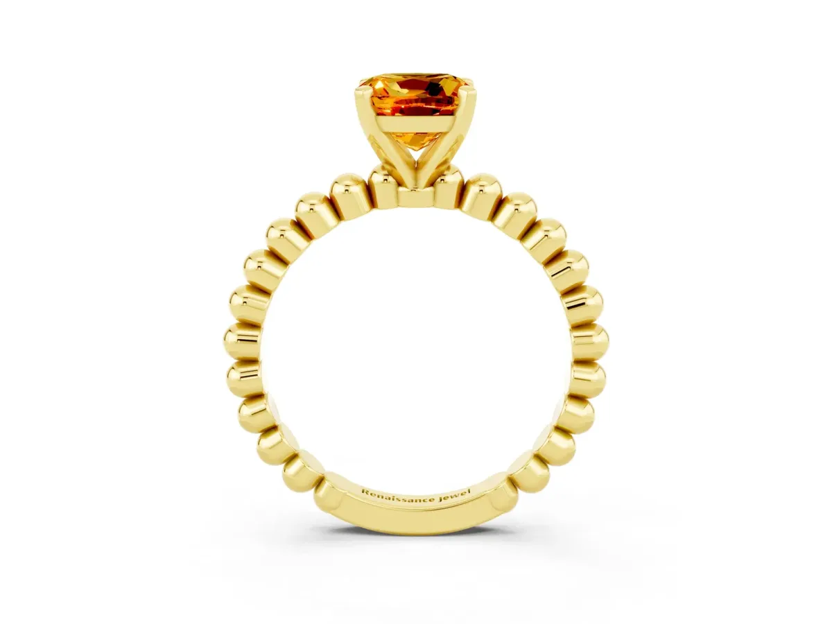 Cushion Cut Citrine Solitaire Ring with Beaded Band and Prong Setting Yellow gold