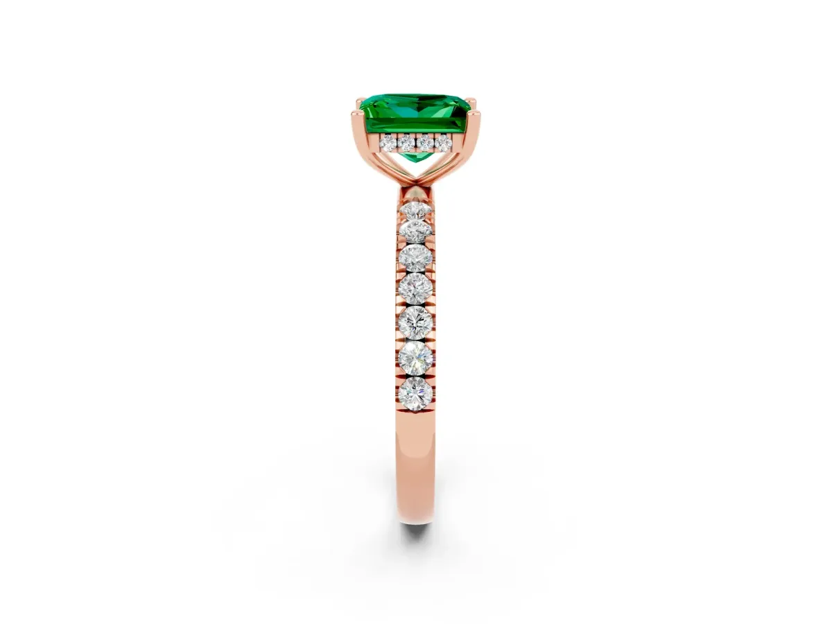 Princess Cut Emerald Pave Band Solitaire Ring with Round and Prong Setting Rose gold